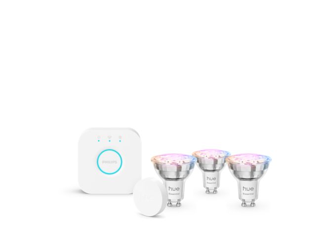 Close up of front of Essential starter kit: 3 GU10 smart bulbs (345 lm) + smart button