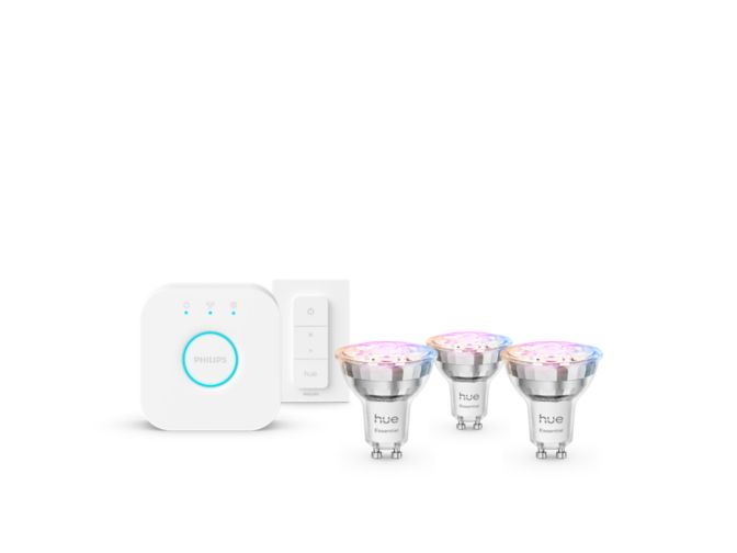 Primo piano della parte anteriore di Essential starter kit: 3 lampadine connesse GU10 (345 lm) + Dimmer Switch
