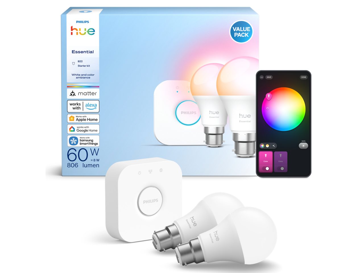 Hue White and Colour Ambiance Essential starter kit: 2 B22 smart