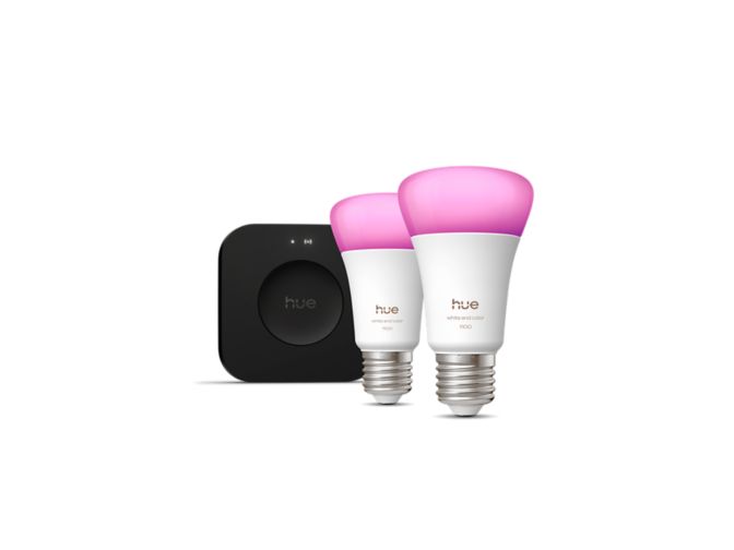 Primo piano della parte anteriore di Starter kit: 2 lampadine smart E27 a colori + Hue Bridge Pro