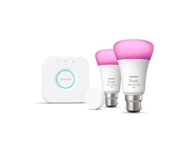 Close up of front of Starter kit: 2 B22 smart bulbs (1100) + smart button