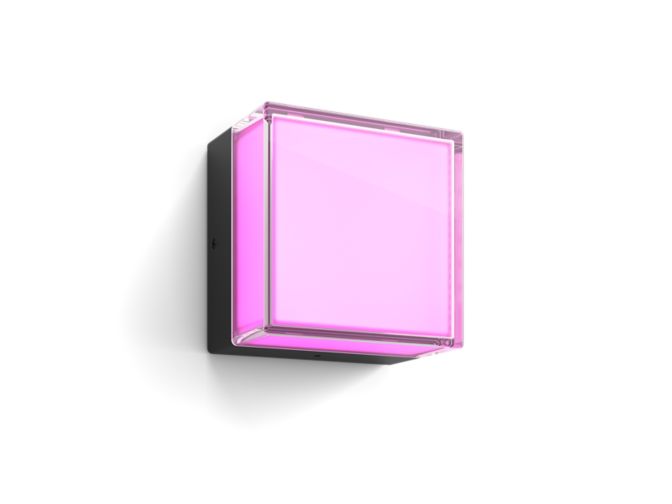 Close-up van de voorkant van Scenova vierkante wandverlichting voor buiten met slimme LED in kleur en wit licht. Weerbestendig ontwerp voor terrassen, tuinen en bij de voordeur, met app en spraakbesturing.