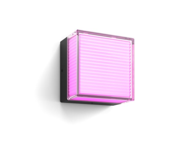 Close-up van de voorkant van Philips Hue Semeru wandlamp vierkant