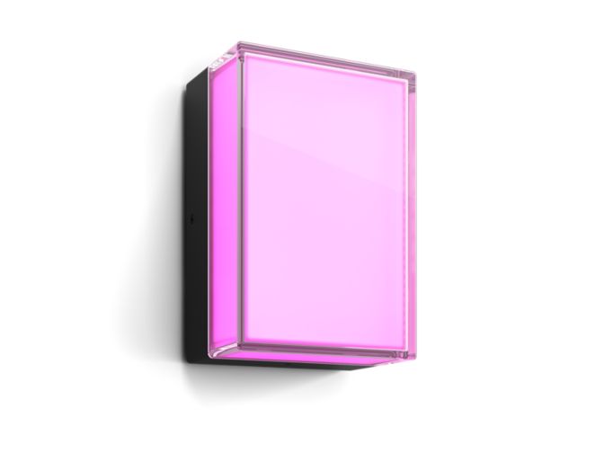 Close-up van de voorkant van Philips Hue Scenova wandlamp rechthoekig