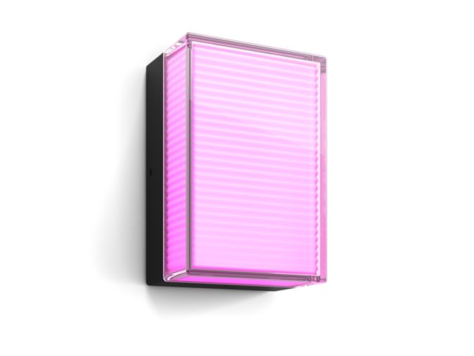 Close-up van de voorkant van Philips Hue Semeru wandlamp rechthoekig