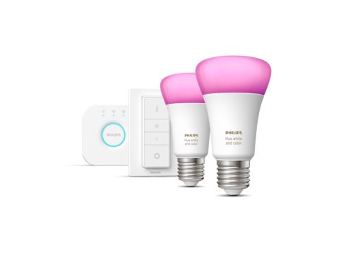 Hue White and color ambiance Kit inicial: 2 lâmpadas inteligentes E27 (1100) + interruptor de regulação da intensidade da luz