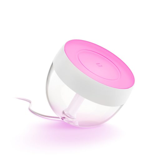 White Iris-shaped smart table lamp with a translucent base, pink top surface, compact design, and visible power cord.