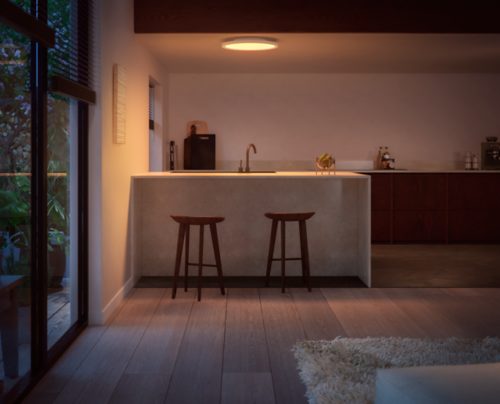 Round ceiling panel light mounted above a kitchen island, emitting soft illumination onto the countertop and surrounding area.