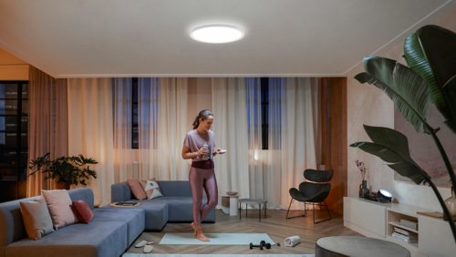 Person in activewear holding a remote and water bottle, exercising on a yoga mat in a living room lit by a round ceiling light.