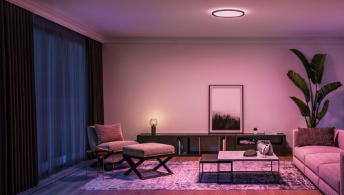 Modern living room with a round ceiling light casting a soft ambient glow, highlighting neutral furniture and a large indoor plant.