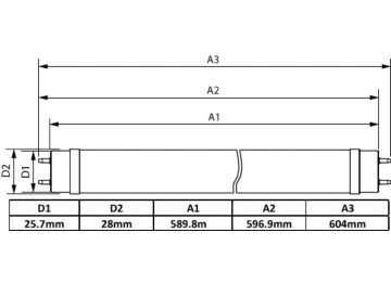 Dimension Drawing (with table) - CNG LEDtube 600mm 9W 840 T8 WV