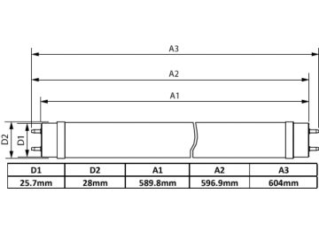 Dimension Drawing (with table) - COR LEDtube UniFit 600mm 10W 840 T8