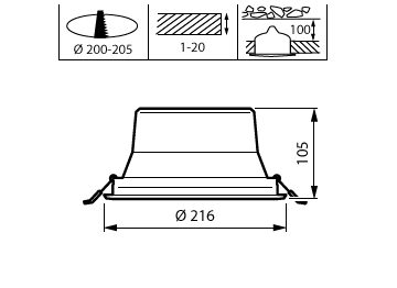 Dimension Drawing (without table) - DN142B 20S/830 PSD-E UGR19 IP54