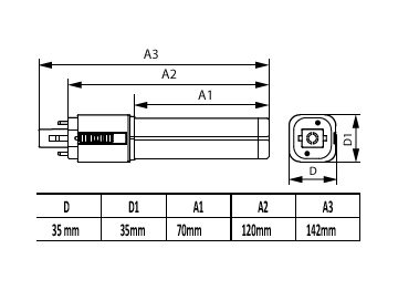 Dimension Drawing (with table) - CorePro LED PLC 360D 6.9W 3CCT 2P G24d