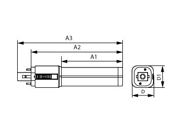 Dimension Drawing (with table) - CorePro LED PLC 360D 6.9W 3CCT 2P G24d