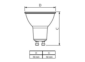 Dimension Drawing (with table) - MAS LEDspot UE 2.1-50W GU10 ND 830 EELA