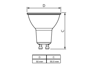 Dimension Drawing (with table) - MAS LED spot VLE D 650lm GU10 930 120D