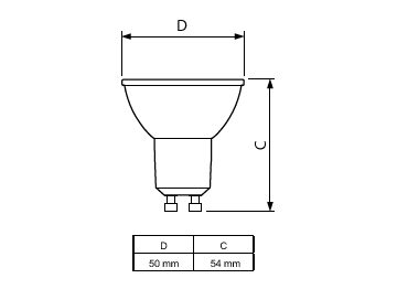 Dimension Drawing (with table) - Corepro LEDspot 2.7-25W GU10 830 36D