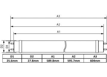 Dimension Drawing (with table) - CorePro LEDtube 600mm 8.6W 865 T8 KSA