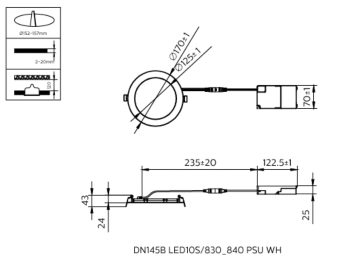 Dimension Drawing (without table) - DN145B LED10S/830_840 PSU WH