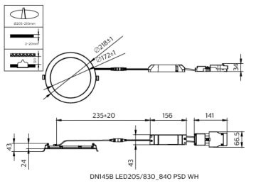 Dimension Drawing (without table) - DN145B LED20S/830_840 PSD WH