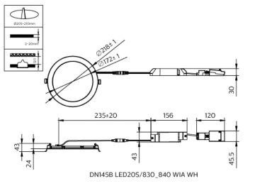 Dimension Drawing (without table) - DN145B LED20S/830_840 WIA WH