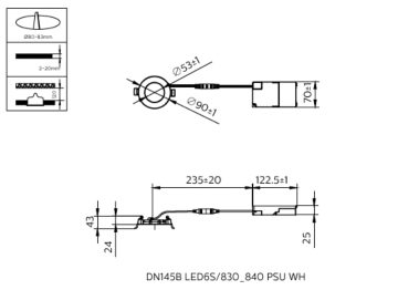 Dimension Drawing (without table) - DN145B LED6S/830_840 PSU WH