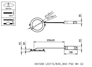 Dimension Drawing (without table) - DN150B LED11S/830_840 PSD WH G2
