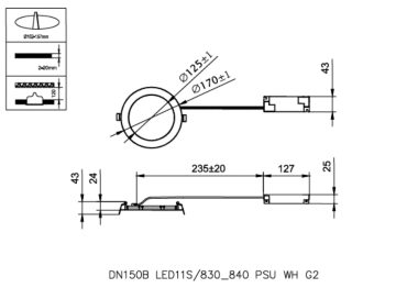 Dimension Drawing (without table) - DN150B LED11S/830_840 PSU WH G2
