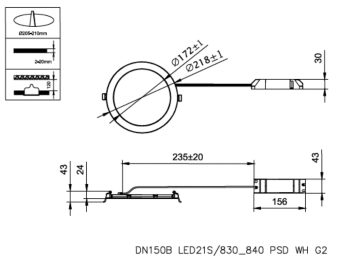 Dimension Drawing (without table) - DN150B LED21S/830_840 PSD WH G2