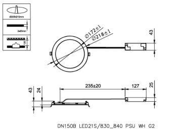 Dimension Drawing (without table) - DN150B LED21S/830_840 PSU WH G2