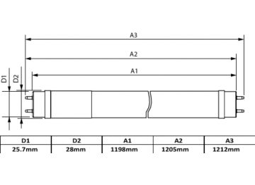 Dimension Drawing (with table) - ECOFIT E LEDtube 1200mm 14W 765 T8 CT WV