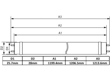 Dimension Drawing (with table) - MAS LEDtube VLE 1200mm 13.1W/15.5W 830T8