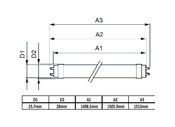 Dimension Drawing (with table) - LEDtube 1500mm 20W 765 T8 AP SL G