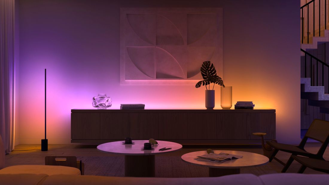 Philips Hue colour ambience lighting in a modern living room