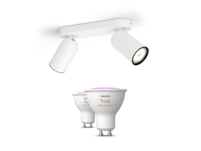 Close-up van de voorkant van Pongee opbouwspot 2-pack in wit + GU10-lampen met gekleurd licht