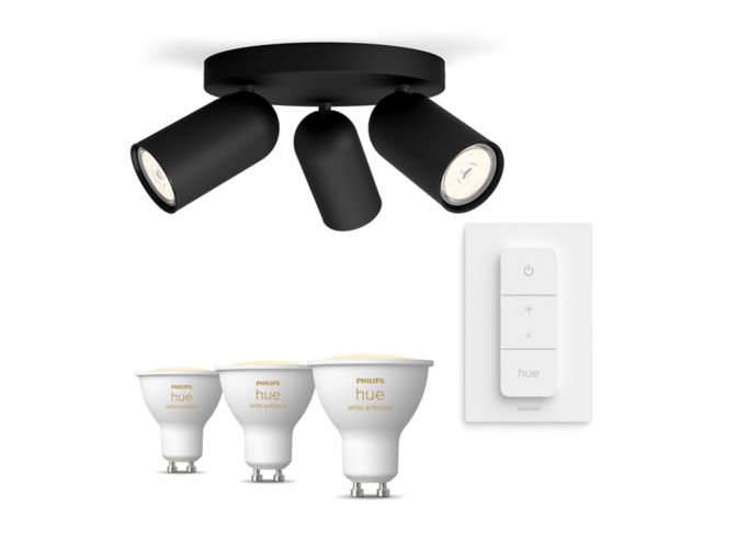Zbliżenie przedniej części produktu Zestaw: 3 czarne reflektory Pongee + Ściemniacz + Żarówki GU10 White ambiance