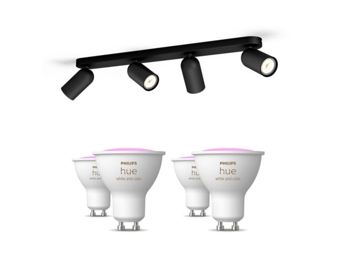 Close-up van de voorkant van Pongee opbouwspot 4-pack in zwart + GU10-lampen met gekleurd licht