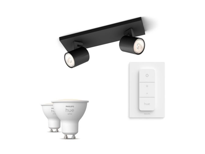 Nærbilde av fronten på Runner med 2 spotter, svarte + Dimmer Switch + 2 hvite GU10-pærer