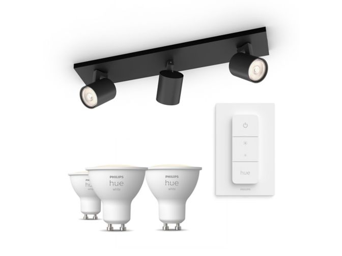 Närbild på framsidan av Runner med 3 spotlights svart + Dimmer switch + 3 st GU10 White-ljuskällor