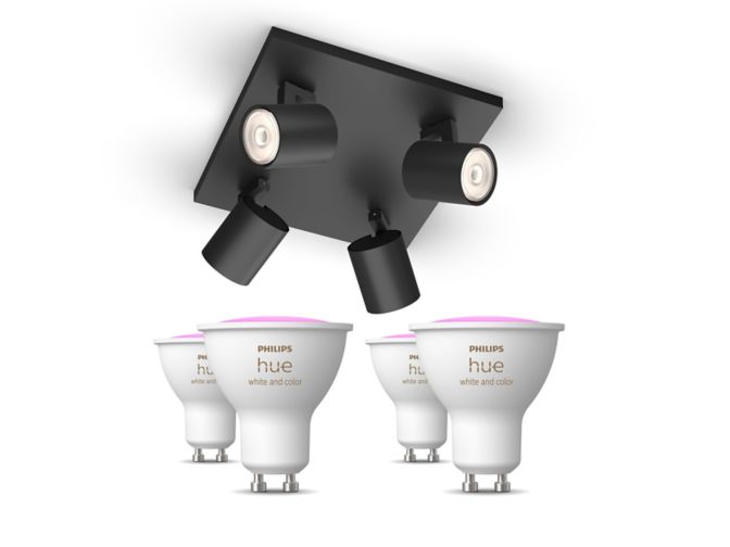 Close-up van de voorkant van Myliving Runner opbouwspots 4-pack in zwart + GU10-lampen met gekleurd licht