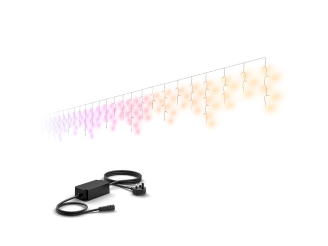 Close up of front of Festavia icicle lights (8.5 m transparent cable, 250 LEDs) + 40W power supply