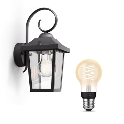 Close up of front of Buzzard Wall Lantern Black + E27 White Filament LED Bulb