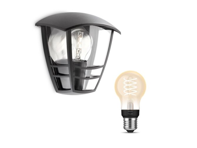 Close up of front of Creek Base Wall Lantern Black + E27 White Filament Bulb