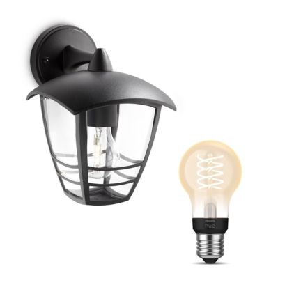 Close up of front of Creek Down Wall Lantern Black + E27 White Filament Bulb