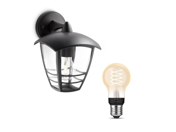 Close up of front of Creek Down Wall Lantern Black + E27 White Filament Bulb