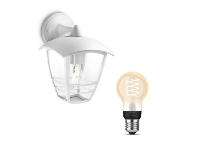 Close up of front of Creek Down Wall Lantern White + E27 White Filament Bulb