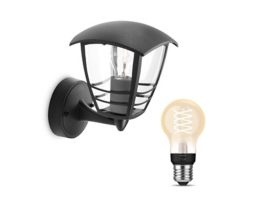 Creek Up Wall Lantern Black + E27 White Filament Bulb