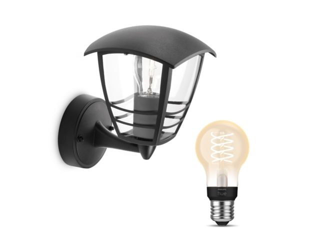 Close up of front of Creek Up Wall Lantern Black + E27 White Filament Bulb