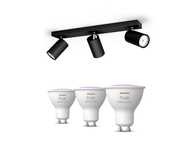 Close up of front of Kosipo Bar-Tube 2-spotlights Black + GU10 colored Bulbs